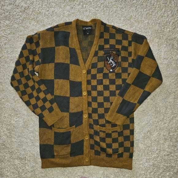 Harry Potter Hufflepuff Checkered Cardigan Sweater Small - Picture 1 of 16
